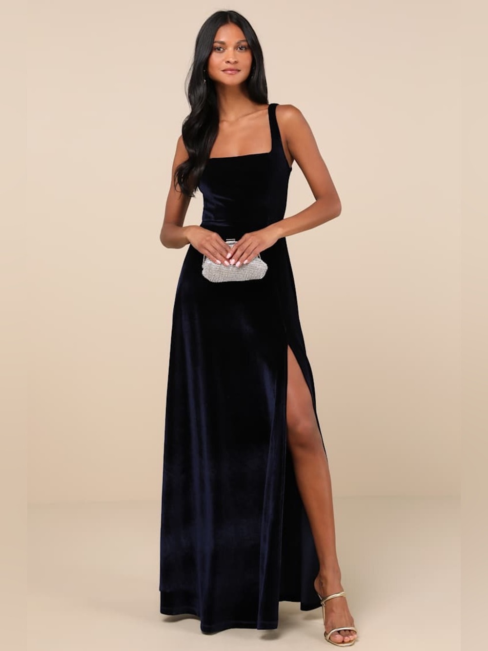 NWT Lulus Graceful Invite Navy Blue Velvet Square Neck Lace-Up Maxi Dress